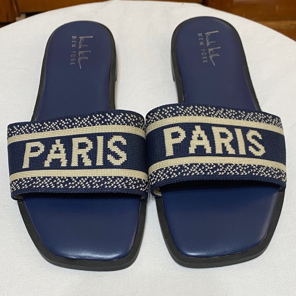Navy Beige Slide “PARIS” Sandals Year Round 8.5